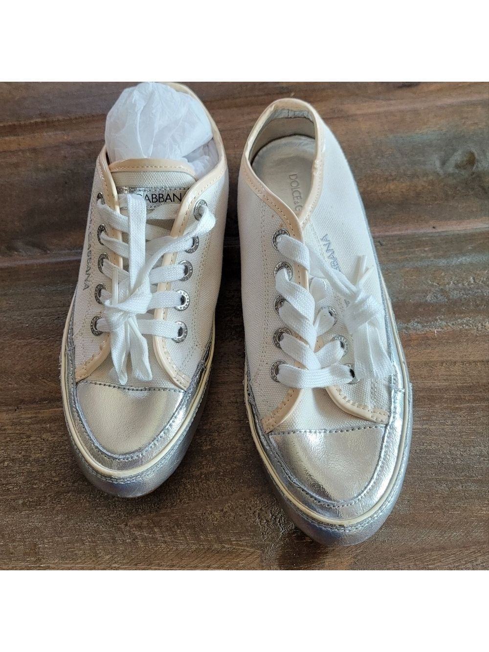 Dolce and Gabbana Silver Cream Canvas Sneakers US 7.5